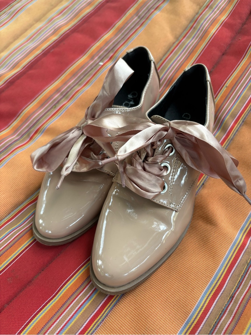Patent-Finish Satin Ribbon Lace Oxfords in Blush